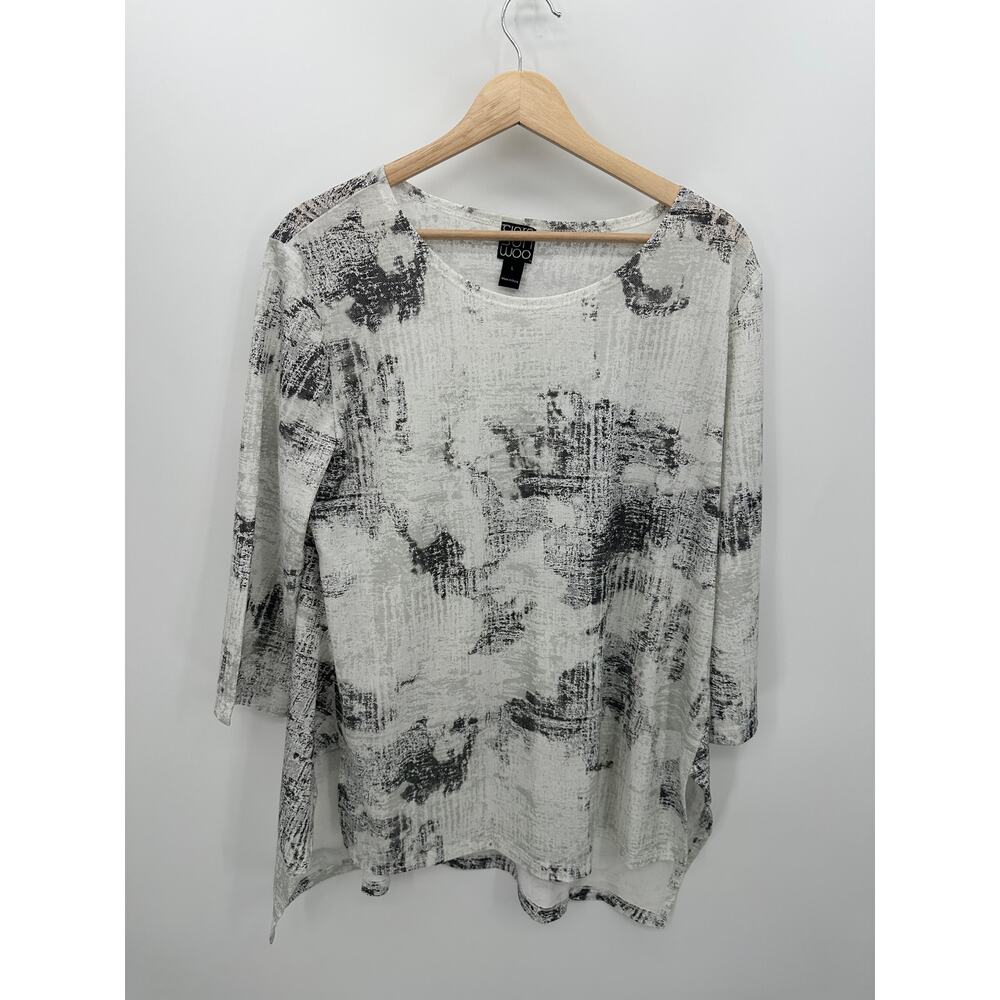 Clara Sun Woo Tunic Top Women Large White Black Long 3/4 Sleeve Stretch Abstract